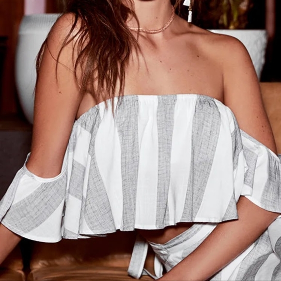 LuLus "Sea Of Cortez Gray & White Striped Off-The-Shoulder Crop Top. Size S - Picture 6 of 11